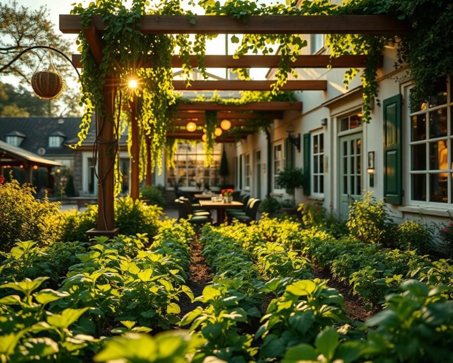 A cozy, sun-dappled herb garden adjacent to a charming farmhouse-style restaurant. In the foreground, lush and verdant herb beds, their vibrant colors and delicate textures captured in soft, warm lighting. The middle ground features a wooden pergola draped with cascading vines, creating a natural canopy over an intimate dining area. In the background, the rustic, whitewashed facade of the restaurant, its windows reflecting the golden glow of the setting sun. The atmosphere is one of serene, pastoral tranquility, inviting diners to savor the fresh, flavorful cuisine made from the very herbs surrounding them. A 50mm lens captures this idyllic scene, creating a sense of depth and immersion.