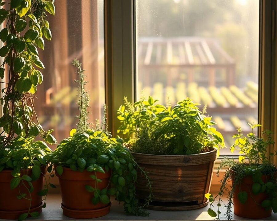 A cozy, sun-drenched windowsill showcasing a vibrant assortment of herb-filled planters. In the foreground, terra-cotta pots brimming with lush, fragrant greenery - basil, rosemary, and thyme. A mix of trailing vines and upright stems cascade over the edges, creating a charming, natural composition. The middle ground features a vintage wooden planter box, its weathered surface complementing the verdant herbs within. Hazy, golden light filters through the window pane, casting a warm, inviting glow and casting delicate shadows across the scene. In the background, a glimpse of a tidy, organized herb garden stretches out, hinting at the potential for this compact, urban-friendly setup.