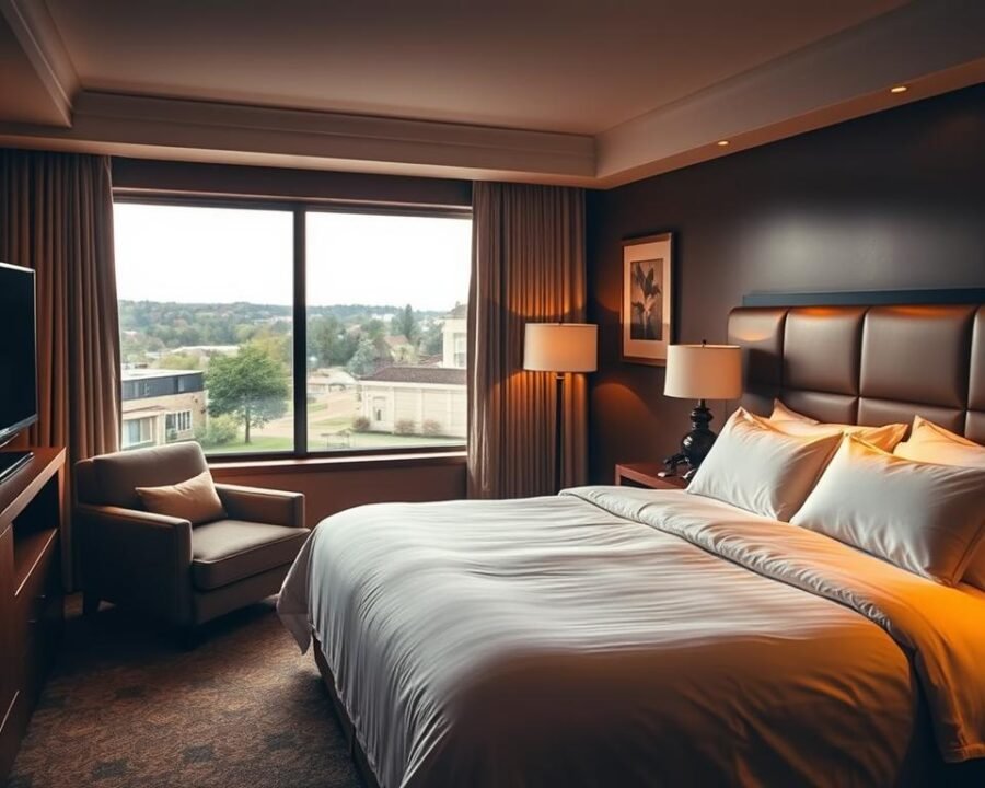 A cozy, well-appointed hotel room with a plush king-size bed draped in soft, high-thread-count linens. Warm, ambient lighting casts a inviting glow, complemented by rich wood tones and tasteful modern decor. A comfortable armchair sits next to a large window overlooking a picturesque suburban landscape. The room exudes an atmosphere of relaxation and understated elegance, perfect for a traveler seeking a comfortable, home-away-from-home experience.
