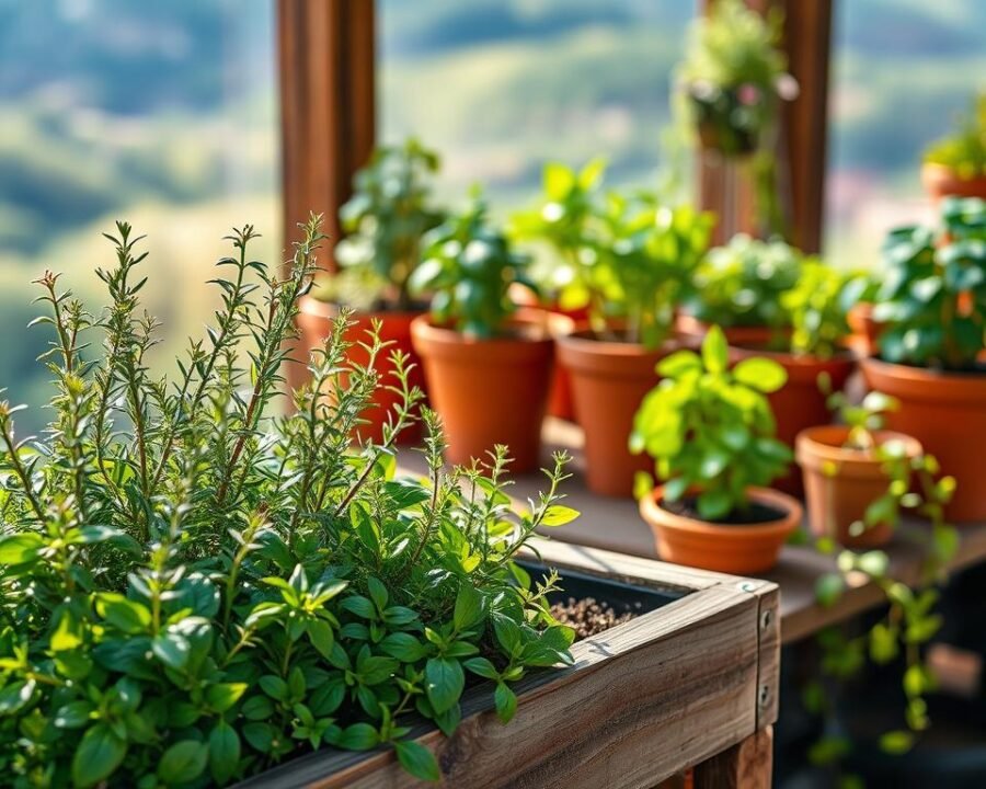 A cozy, well-lit herb container garden with vibrant, lush greenery. In the foreground, a rustic wooden planter overflows with fragrant thyme, rosemary, and basil plants, their delicate leaves gently swaying. In the middle ground, a set of terracotta pots houses a diverse array of herbs, each one thriving in its own little ecosystem. The background features a soothing, out-of-focus natural landscape, hinting at the connection between the plants and their outdoor environment. Soft, natural lighting casts a warm glow over the scene, accentuating the rich colors and textures of the herbs. The overall atmosphere is one of tranquility, inviting the viewer to imagine the calming scents and sights of a thriving, homegrown herb garden.