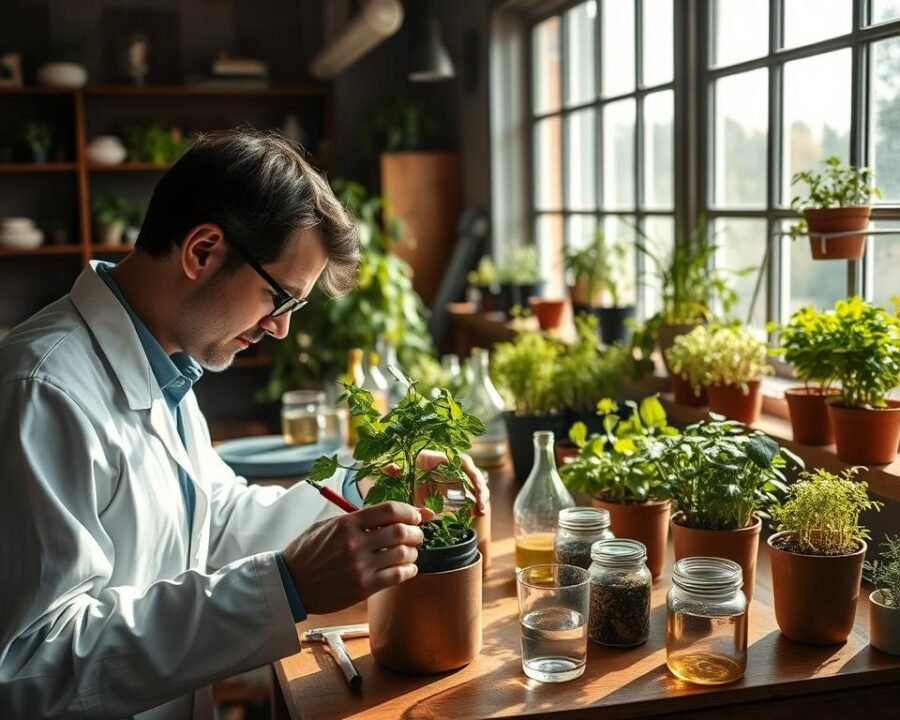 A cozy, well-lit indoor herb garden lab, with potted plants, jars, and scientific instruments arranged on a sturdy wooden table. Soft, diffused natural light streams in through large windows, casting gentle shadows across the scene. In the foreground, a botanist carefully examines a thriving herb specimen, taking notes and measurements with precision. The middle ground features various tools and testing equipment, while the background showcases lush, verdant herbs growing in a variety of pots and planters. An atmosphere of focused, methodical exploration pervades the space, hinting at the rigorous process behind the recommendations.