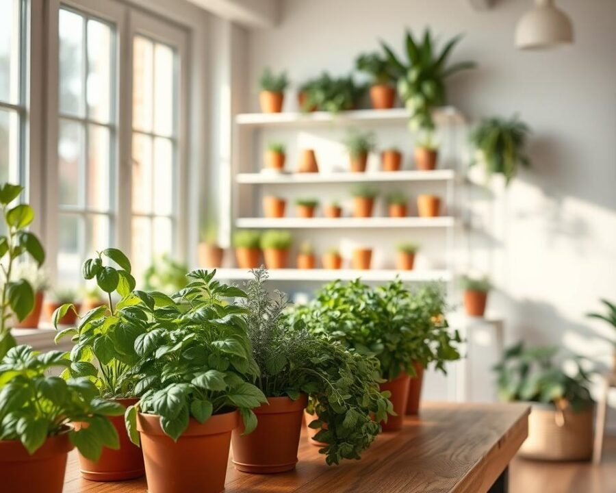 A cozy, well-lit indoor herb garden. In the foreground, a variety of lush, vibrant herbs like basil, thyme, and rosemary thriving in neatly arranged terracotta pots on a wooden tabletop. Soft, diffused natural light streams in through large windows, casting a warm glow over the scene. In the middle ground, additional potted herbs line shelves against a clean, white wall, creating a sense of abundance and productivity. The background features a minimal, modern interior design with minimalist decor, emphasizing the herbs as the central focus. The overall atmosphere is one of tranquility, domestic comfort, and the joy of cultivating fresh, fragrant herbs indoors.