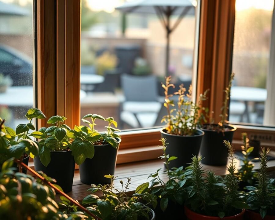A cozy windowsill herb garden in soft, warm lighting. The foreground features lush potted plants - fragrant basil, rosemary, and thyme, their leaves glistening with morning dew. The middle ground showcases a wooden windowsill with a weathered finish, framed by clean, modern window frames. The background depicts a peaceful outdoor scene, with a glimpse of a garden or patio beyond the glass. The overall atmosphere is one of tranquility and natural simplicity, inviting the viewer to imagine the fresh flavors and aromas of a thriving indoor herb oasis.