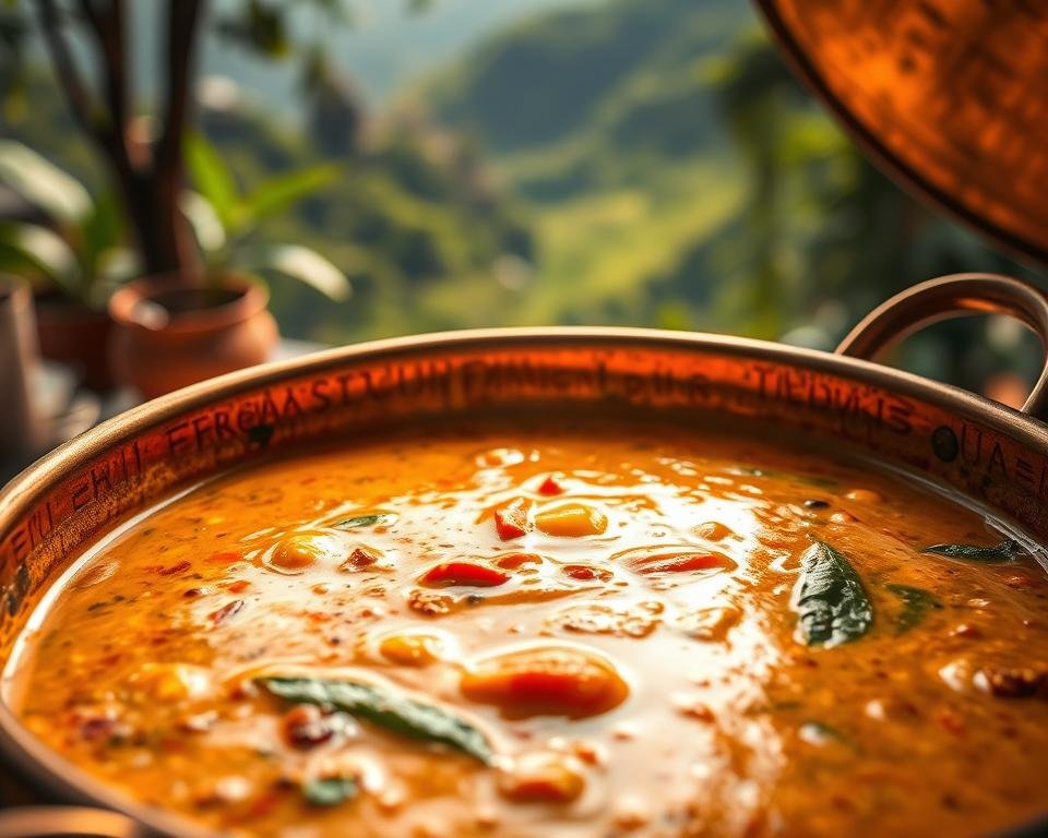 A delectable, creamy curry sauce simmering in a copper pot, infused with aromatic Thai spices and herbs. The sauce glistens under warm, golden lighting, casting a rich, inviting glow. In the background, a lush, verdant garden cascades down a picturesque hilltop, hinting at the tranquil, serene ambiance of the Bangkok Garden Hilltop experience. The scene is captured with a shallow depth of field, drawing the viewer's attention to the captivating texture and vibrant colors of the enticing curry sauce.
