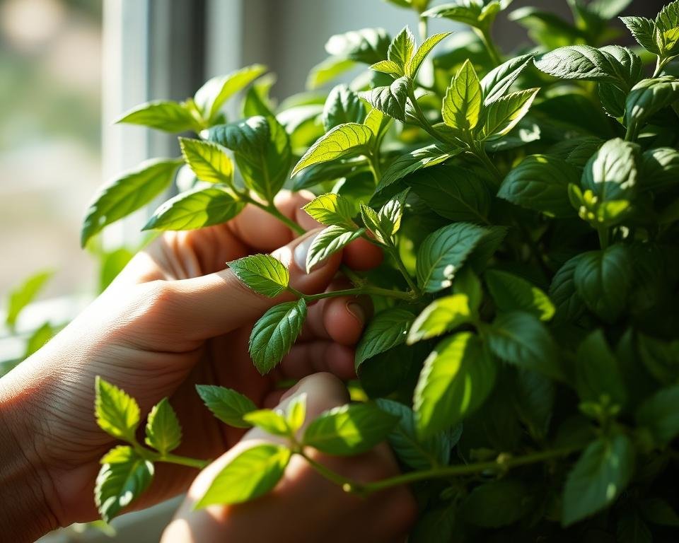 A detailed close-up of a person's hands carefully pruning the stems of a lush, verdant basil plant. The basil leaves are vibrant green, their serrated edges glistening under soft, diffused natural lighting streaming through a window. The person's fingertips deftly pinch and snip the woody stems, leaving clean, precise cuts. The background is blurred, placing the pruning action in sharp focus. The mood is one of precision, care, and nurturing the delicate herb plant. Captured with a macro lens, the image conveys the intricate techniques involved in properly maintaining a healthy basil plant.