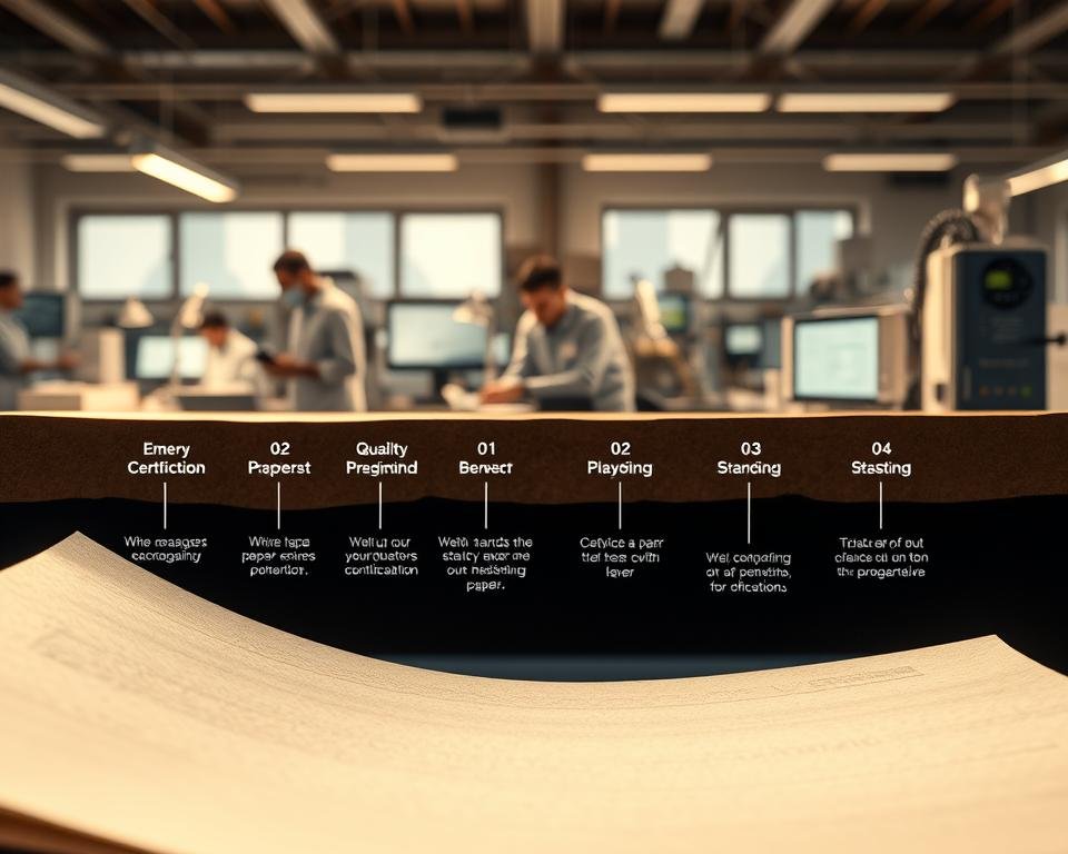 A detailed cross-section view of the Emery Certification Process, bathed in soft, warm lighting. In the foreground, a meticulously rendered Emery paper sample, its texture and fibers visible. The middle ground depicts a series of quality control checkpoints, with engineers carefully inspecting and testing the paper. In the background, a state-of-the-art laboratory setup, with various analytical instruments and equipment used to verify the paper's properties and certify its adherence to rigorous standards. The scene conveys a sense of precision, diligence, and the unwavering commitment to quality that defines the Emery Certification.