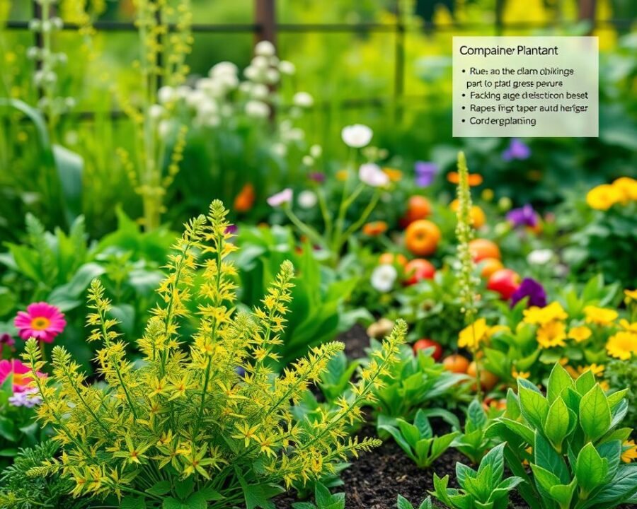 A detailed diagram showcasing the companion planting of Rue, also known as Herb of Grace, in a lush, verdant garden. The foreground depicts the Rue plant with its delicate, feathery leaves and vibrant, yellow-green hue, surrounded by a carefully curated arrangement of complementary plants. The middle ground features a harmonious blend of herbs, flowers, and vegetables, each occupying their designated spaces to maximize the benefits of companion planting. The background depicts a serene, natural setting with soft, diffused lighting, creating a sense of tranquility and balance. The overall composition highlights the practical and aesthetic advantages of incorporating Rue into a productive, thriving garden.
