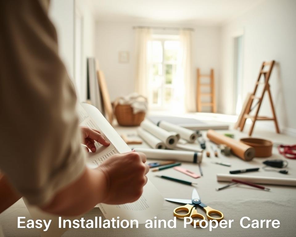 A detailed, step-by-step wallpaper installation guide set against a bright, airy backdrop. In the foreground, a close-up of a person's hands carefully applying wallpaper, their movements precise and focused. In the middle ground, an array of wallpaper rolls, scissors, and other installation tools neatly arranged. The background depicts a spacious, sun-lit room with clean white walls, suggesting the perfect canvas for the new wallpaper. Soft, diffused lighting creates a sense of warmth and effortlessness, conveying the ease of the wallpaper installation process. The overall mood is one of simplicity, practicality, and a touch of elegance, reflecting the "Easy Installation and Proper Care" section of the article.