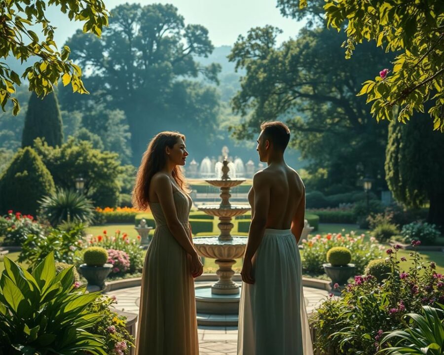 A dual perspective narrative unfolds in a lush garden setting. In the foreground, two figures stand facing each other, their bodies and expressions conveying a sense of contemplation and connection. Gentle sunlight filters through the verdant foliage, casting soft shadows and creating an atmosphere of tranquility. In the middle ground, an ornamental fountain adds a soothing water element, hinting at the tranquil and reflective nature of the scene. The background features a sprawling garden landscape, with towering trees, vibrant flowers, and a sense of depth and serenity. The overall mood is one of introspection, balance, and the interplay of different viewpoints.