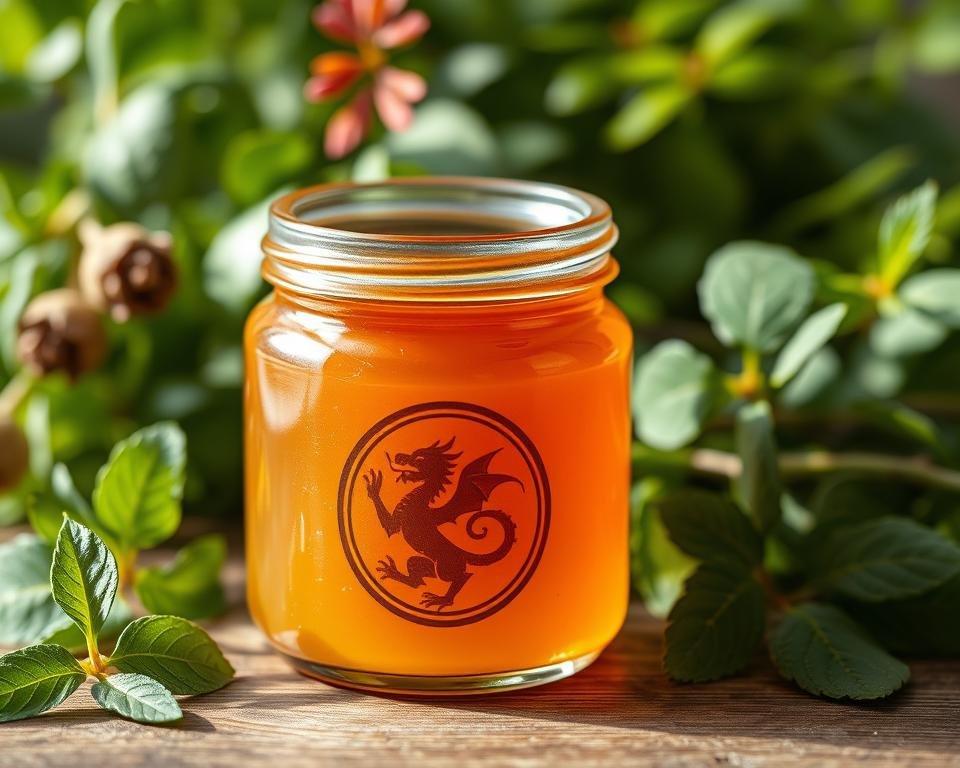 A glass jar containing a rich, golden-hued balm with a dragon emblem on the label, resting on a wooden surface. In the background, an assortment of fresh, vibrant herbs and leaves create a lush, natural setting. Soft, diffused lighting casts a warm glow, highlighting the jar's organic textures and the delicate shadows of the foliage. The composition conveys a sense of soothing tranquility and the healing power of nature, reflecting the beneficial properties of the Ceres Garden Dragon Balm for skin health.