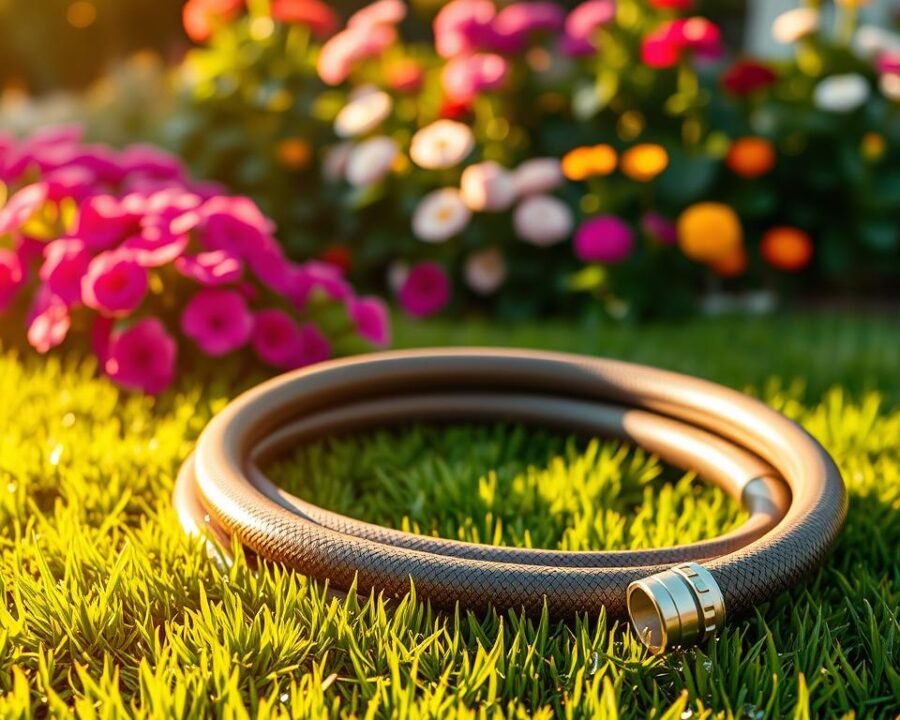 A gleaming 50 ft garden hose lies on a lush, verdant lawn, bathed in warm, golden sunlight. The hose, made of heavy-duty, kink-resistant rubber, coils gracefully, its polished metal fittings catching the light. In the foreground, droplets of water cling to the hose's surface, hinting at its robust water-handling capabilities. The background features a vibrant flower garden, bursting with colorful blooms that add a touch of natural beauty to the scene. The overall composition conveys a sense of quality, durability, and the peaceful tranquility of a well-tended outdoor space.