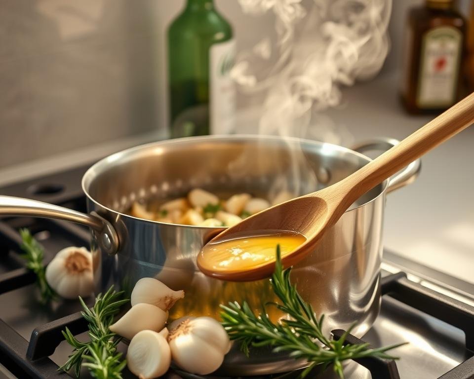 A gleaming stainless steel saucepan simmers on a gas stovetop, its contents releasing a tantalizing aroma of sautéed garlic, fresh herbs, and rich olive oil. Wisps of steam rise, illuminated by warm, natural lighting that casts a cozy glow over the scene. In the foreground, a wooden spoon gently stirs the sauce, its movements creating mesmerizing ripples across the surface. The middle ground features neatly chopped garlic cloves, sprigs of fragrant rosemary, and a bottle of premium olive oil, all arranged with a sense of culinary artistry. The background softly fades into a clean, minimalist kitchen, hinting at the care and attention required to craft the perfect garlic herb sauce.