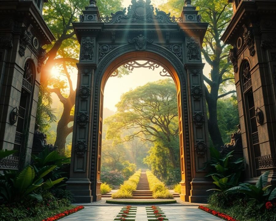 A grand ornate gateway stands tall, its intricate stone carvings and towering arches commanding attention. Beyond, a lush verdant landscape unfolds, with vibrant flora and gently winding paths leading deeper into the Garden of Salvation. Beams of warm, golden light filter through the canopy of ancient trees, casting a serene, almost mystical glow over the scene. The entire composition exudes a sense of tranquility and wonder, inviting the viewer to step through the grand entrance and discover the secrets that lie within.