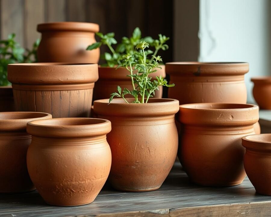 A group of richly textured terra cotta pots in various sizes and shapes, arranged artfully on a wooden surface. The pots have a warm, earthy tone and a slightly mottled, weathered appearance, suggesting their use and history. The lighting is soft and diffused, casting gentle shadows that accentuate the tactile qualities of the clay. The pots are positioned in a balanced, visually appealing composition, with some pots in the foreground, others in the middle ground, and a few smaller ones in the background. The overall mood is one of natural, rustic charm, suitable for housing a thriving herb garden.