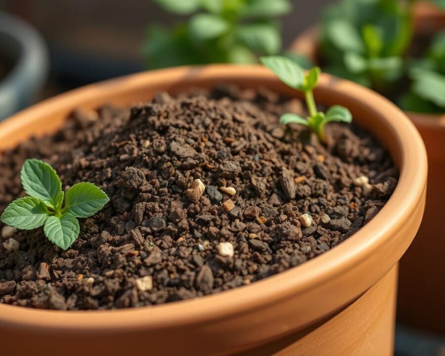 A high-quality close-up photograph of a container filled with premium potting mix for growing herbs. The mix is a rich, dark brown color with visible organic matter and perlite or vermiculite for aeration. The texture appears light and fluffy, ready to nurture herb roots. Soft, diffused natural lighting illuminates the scene, highlighting the mix's texture and color. The container is a simple terracotta or neutral-colored planter, positioned against a blurred, out-of-focus background to keep the focus on the soil. The overall mood is one of freshness, fertility, and the promise of thriving herbs.