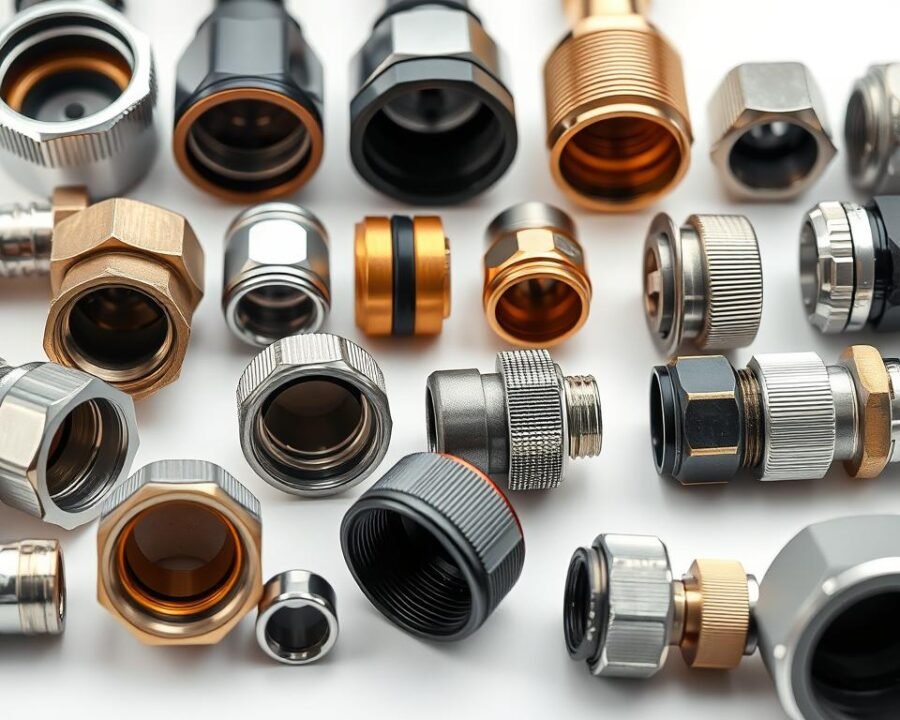 A high-quality close-up photograph of the key features of various garden hose connectors, showcased against a clean, white background. The connectors are displayed in an organized arrangement, capturing their diverse sizes, shapes, and material compositions in vivid detail. The lighting is soft and evenly distributed, highlighting the intricate textures and subtle reflections of the metal and plastic components. The image conveys a sense of technical precision and visual clarity, providing a comprehensive visual reference for understanding the essential design elements of these common household plumbing fittings.