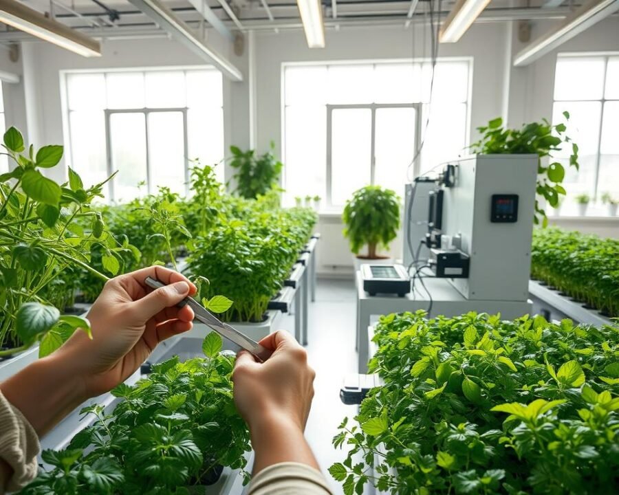 A hydroponic garden maintenance scene with lush greenery, vibrant herbs, and a clean, organized setup. In the foreground, a person's hands tenderly prune and trim the flourishing plants, showcasing the delicate care required. The middle ground features a sleek, modern hydroponic system with various growth stages, nutrient reservoirs, and monitoring devices. The background depicts a bright, airy room with abundant natural light streaming in through large windows, creating a serene and rejuvenating atmosphere. The lighting is soft and diffused, highlighting the verdant hues of the herbs. The overall composition conveys a sense of tranquility, expertise, and a dedication to cultivating a thriving hydroponic garden.