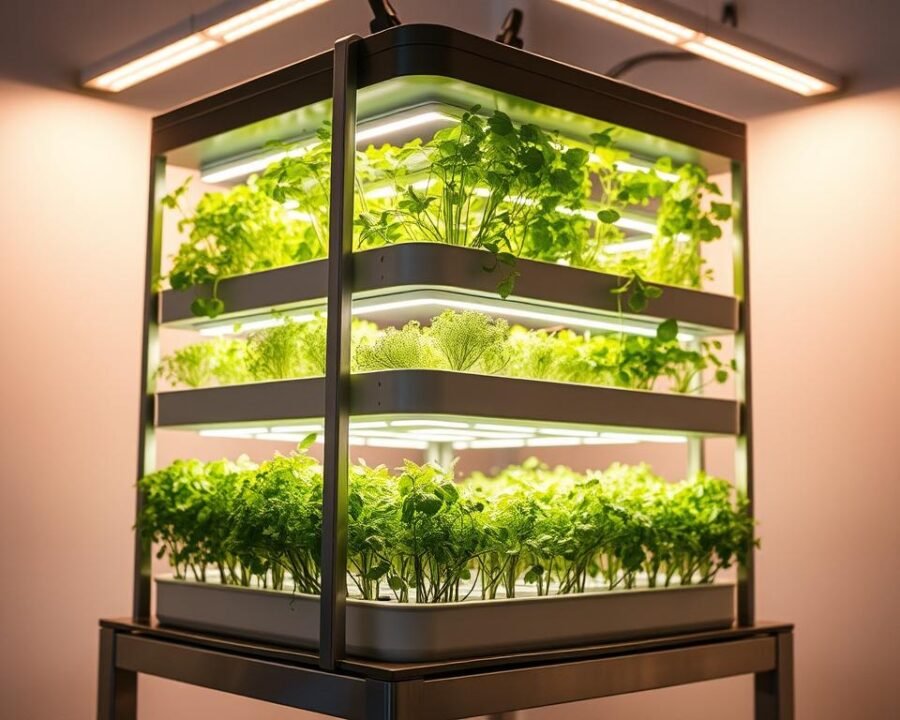 A hydroponic system with a sleek, modern design, bathed in the warm glow of adjustable LED grow lights. The system features multiple tiered grow beds, each filled with lush, verdant herbs thriving in a nutrient-rich, soil-free environment. The grow lights cast a soft, even illumination, creating the perfect conditions for the herbs to flourish. The system is positioned on a sturdy, stainless steel frame, with a clean, minimalist aesthetic that would seamlessly integrate into any contemporary kitchen or home garden. The entire setup exudes a sense of efficiency, sustainability, and effortless indoor gardening.