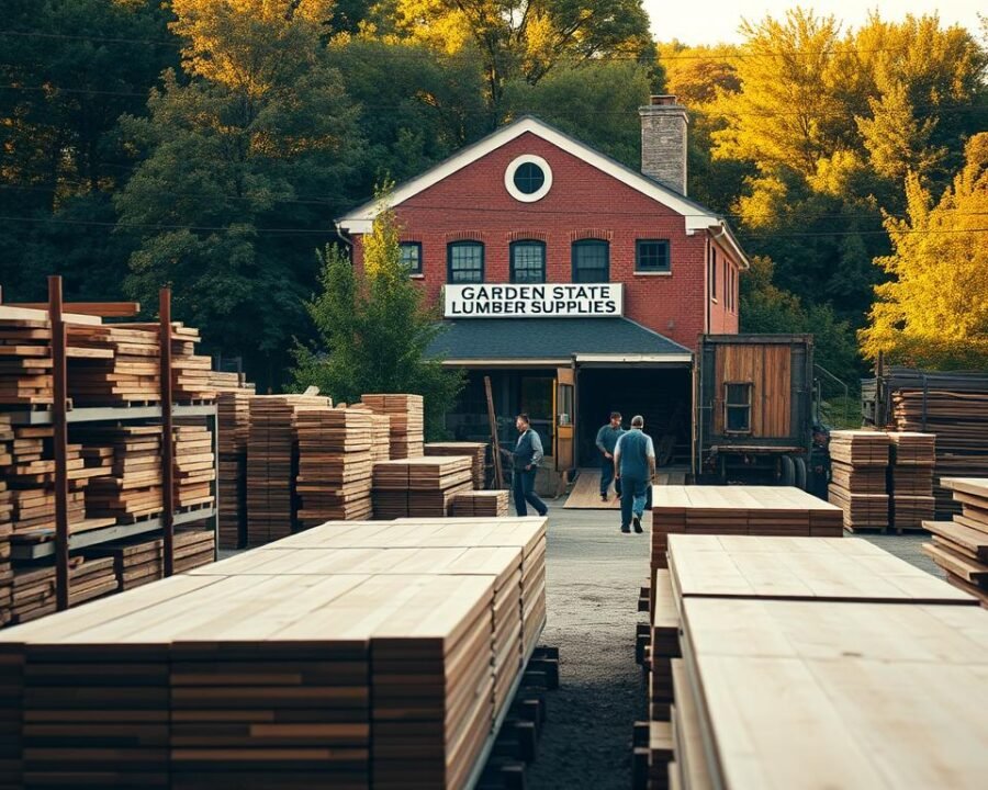 A large, well-stocked lumber yard with rows of neatly stacked wooden beams, boards, and plywood panels in the foreground. In the middle ground, a team of hardworking employees loading materials onto a delivery truck. The background features a classic brick building with a prominent "Garden State Lumber Supplies" sign, surrounded by a lush, verdant landscape. Warm, golden sunlight filters through the trees, casting a cozy, inviting atmosphere. The scene conveys a sense of reliability, expertise, and a commitment to serving the local community's building and home improvement needs.