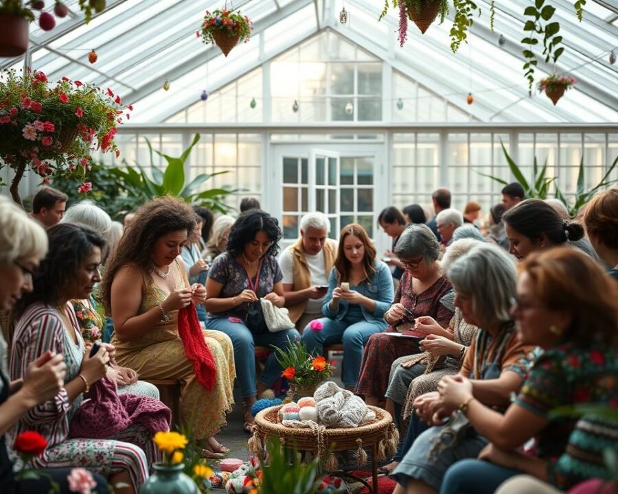 A lively crochet community gathered in a tranquil garden, adorned with vibrant flowers and whimsical decor. In the foreground, a group of diverse stitchers eagerly exchange yarns and patterns, their hands deftly working on intricate projects. The middle ground reveals a cozy seating area, where experienced crafters offer guidance and inspiration to newcomers. In the background, a stunning greenhouse-like structure casts a warm, natural glow, creating an inviting atmosphere for this close-knit community of passionate stitchers. Soft, diffused lighting and a shallow depth of field emphasize the intimate, collaborative nature of this stitchers' haven.