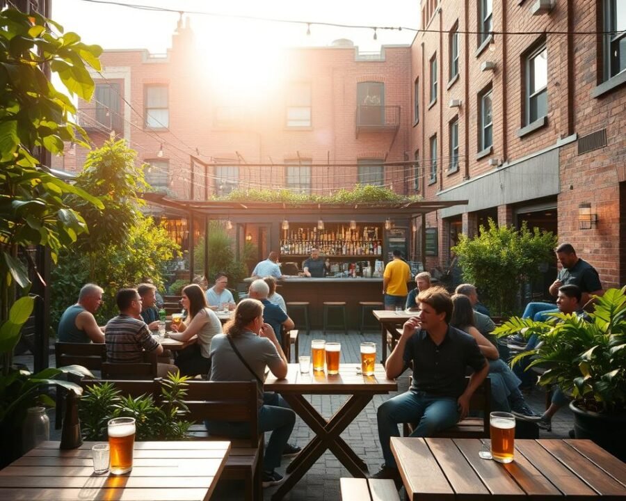 A lively urban beer garden, with wooden benches and tables nestled among lush greenery. The sun casts a warm glow, illuminating the rustic setting. In the foreground, patrons sip craft beers, chatting animatedly. Hanging string lights and an open-air canopy create a cozy, inviting atmosphere. In the middle ground, a central bar area serves as the heart of the garden, bartenders pouring frothy brews. The background features a brick building facade, complementing the industrial-chic vibe. The overall scene evokes a relaxed, convivial ambiance, perfect for an afternoon or evening of craft beer enjoyment.