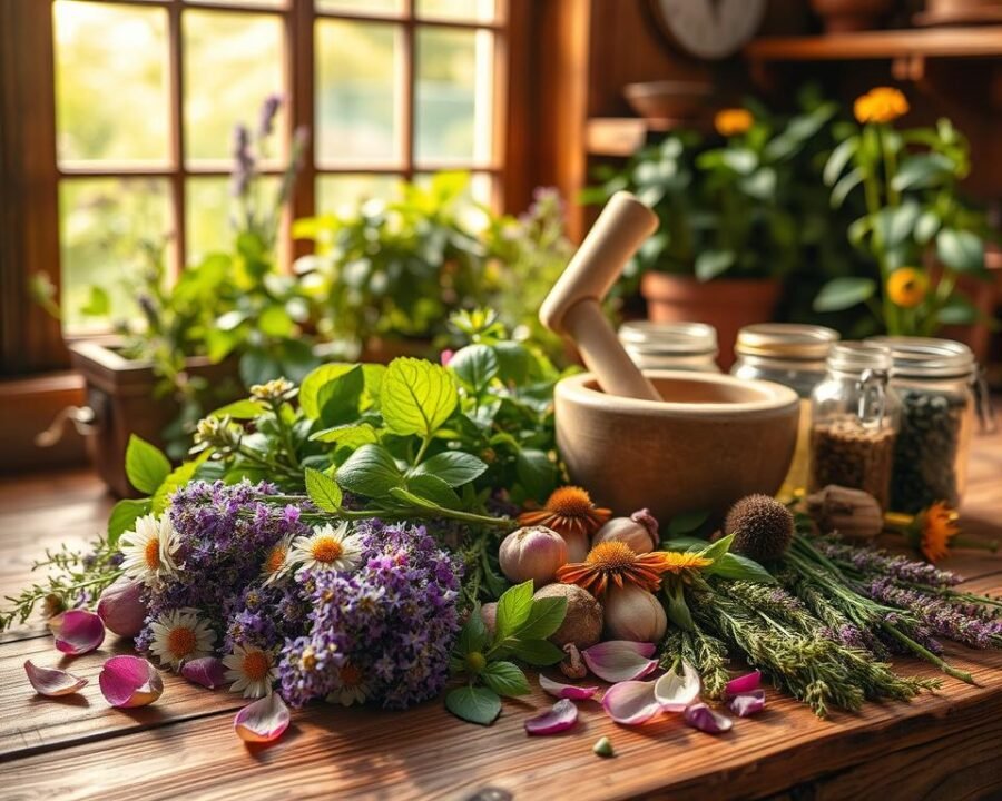 A lush and vibrant arrangement of top medicinal herbs on a rustic wooden table, bathed in warm, natural lighting. In the foreground, a collection of freshly harvested herbs like lavender, chamomile, and echinacea, their delicate petals and leaves gently arranged. In the middle ground, a mortar and pestle, alongside jars filled with dried herbs and tinctures, hinting at the plants' medicinal properties. The background features a window overlooking a flourishing herb garden, casting a soft, diffused glow across the scene. The overall atmosphere is one of herbal abundance, wellness, and the harmonious intersection of nature and traditional medicine.