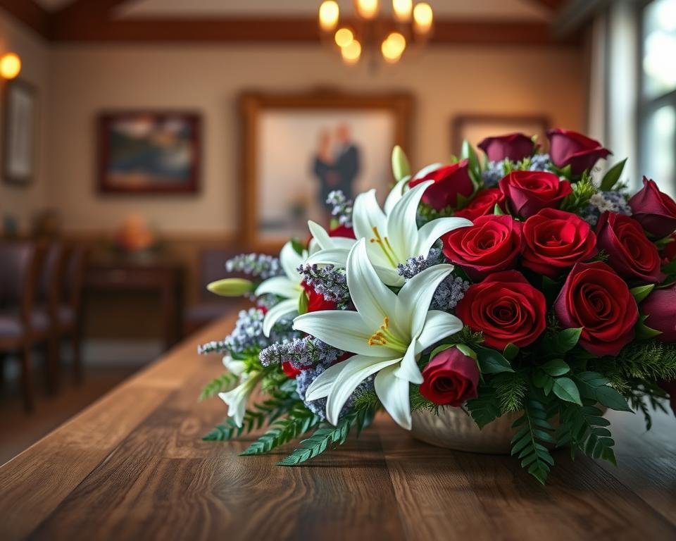 A lush and vibrant floral arrangement graces a wooden table in a softly lit funeral home setting. The centerpiece features a thoughtful selection of sympathy flowers - delicate white lilies, soothing lavender sprigs, and richly hued red roses. The arrangement is complemented by touches of greenery, creating a serene and comforting atmosphere. Warm, diffuse lighting casts a gentle glow, while the camera angle captures the display at an eye-level perspective, emphasizing its heartfelt presence. This image evokes a sense of solace and care, perfectly suited to illustrate the "Sympathy Flowers and Floral Arrangements" section of the article.