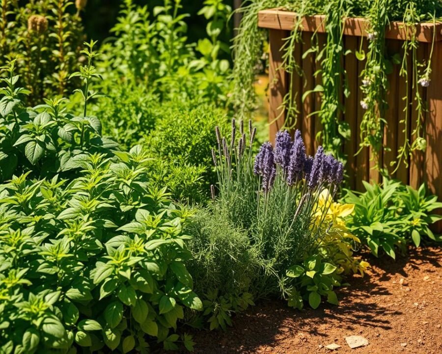 A lush and vibrant herb garden in full sun, its aromatic foliage casting dappled shadows on the earthy ground. In the foreground, clusters of thriving basil, oregano, and rosemary plants sway gently in a soft breeze. The middle ground features a mix of leafy greens like parsley and chives, their delicate stems reaching towards the warm sunlight. In the background, a wooden planter box overflows with cascading vines of trailing thyme and lavender, their delicate blooms adding pops of color. The overall scene is bathed in a golden glow, capturing the essence of an idyllic herb garden nourished by ample sunlight and meticulous care.