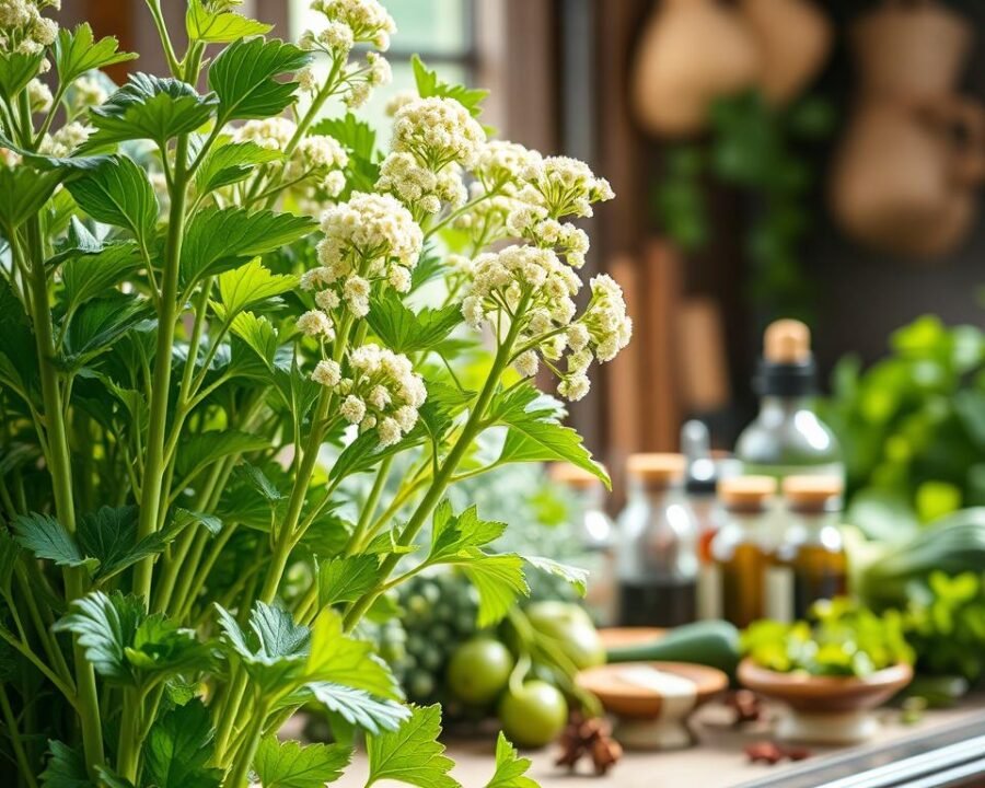 A lush, close-up view of fresh angelica plants, their vibrant green leaves and delicate umbel flowers illuminated by soft, natural lighting. In the foreground, intricate details of the plant's stalks, stems, and aromatic foliage are visible, showcasing its distinct features. The middle ground features a selection of traditional culinary and medicinal ingredients, such as herbs, spices, and tincture bottles, hinting at the plant's versatile uses. The background is softly blurred, creating a sense of depth and focus on the central subject. The overall composition evokes a sense of herbal abundance and the intersection of food, health, and nature.