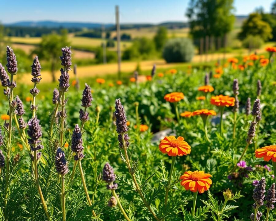 A lush garden filled with vibrant herbs, their leaves glistening under the warm afternoon sun. In the foreground, a variety of fragrant plants - lavender, rosemary, and marigolds - stand tall, their colors and textures contrasting beautifully. In the middle ground, a row of carefully tended vegetable plants, protected by the companion planting of these pest-repelling herbs. The background reveals a picturesque landscape, with rolling hills and a clear blue sky. The overall scene conveys a sense of harmony and balance, where nature's own defenses work in tandem to create a thriving, organic garden.