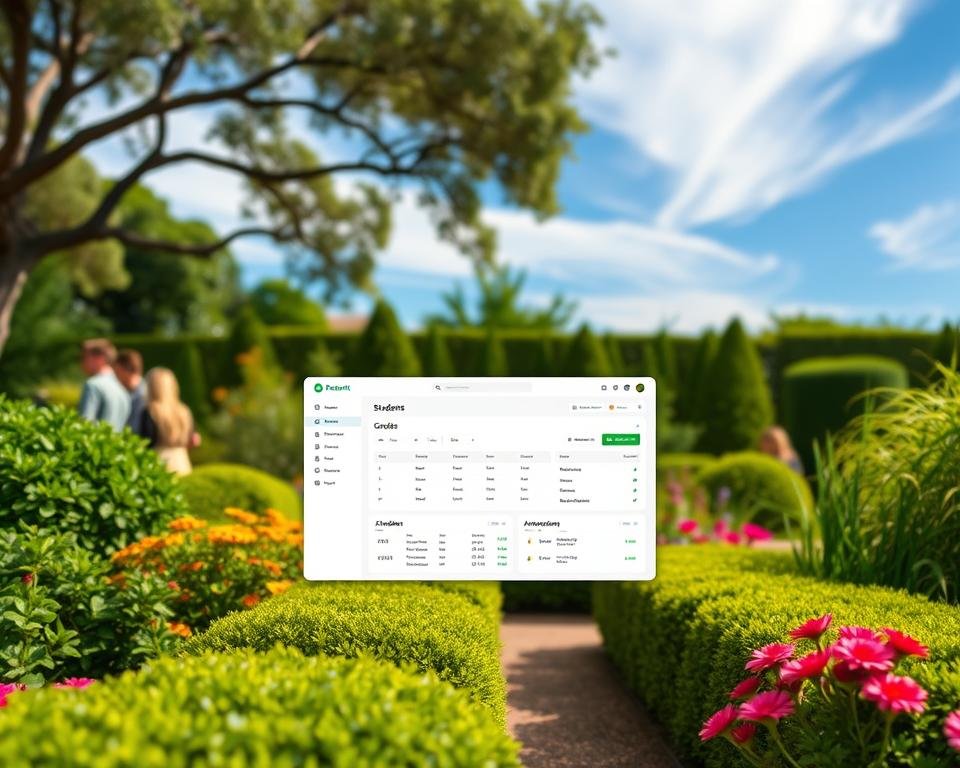 A lush garden oasis with a modern, user-friendly interface floating above it. In the foreground, a sleek, minimalist dashboard displaying student data, grades, and attendance records. The middle ground features vibrant, well-manicured shrubbery and flowers, creating a serene and inviting atmosphere. In the background, a backdrop of a blue sky with wispy clouds, conveying a sense of openness and accessibility. The lighting is soft and natural, casting a warm glow over the entire scene. The camera angle is slightly elevated, providing a comprehensive view of the parent portal's functionality seamlessly integrated with the tranquil garden setting.