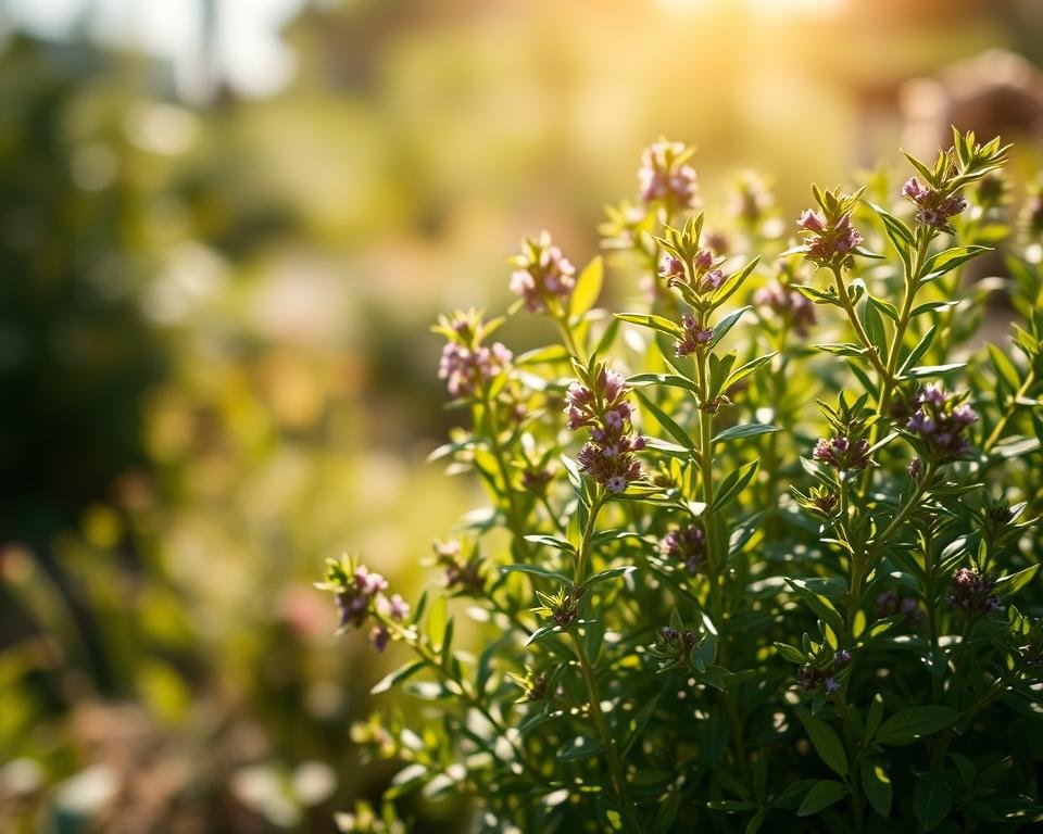 A lush, healthy oregano plant stands in a sunlit garden, its vibrant green leaves gently swaying in a soft breeze. The plant is captured in a close-up, high-angle shot that showcases its aromatic foliage and delicate purple flowers. The background is blurred, creating a serene, pastoral atmosphere, with hints of other greenery and a warm, golden glow from the sun overhead. The lighting is soft and diffused, casting a natural, organic feel to the scene. The image conveys the care and attention required to cultivate a thriving oregano plant, ready to be harvested and enjoyed.