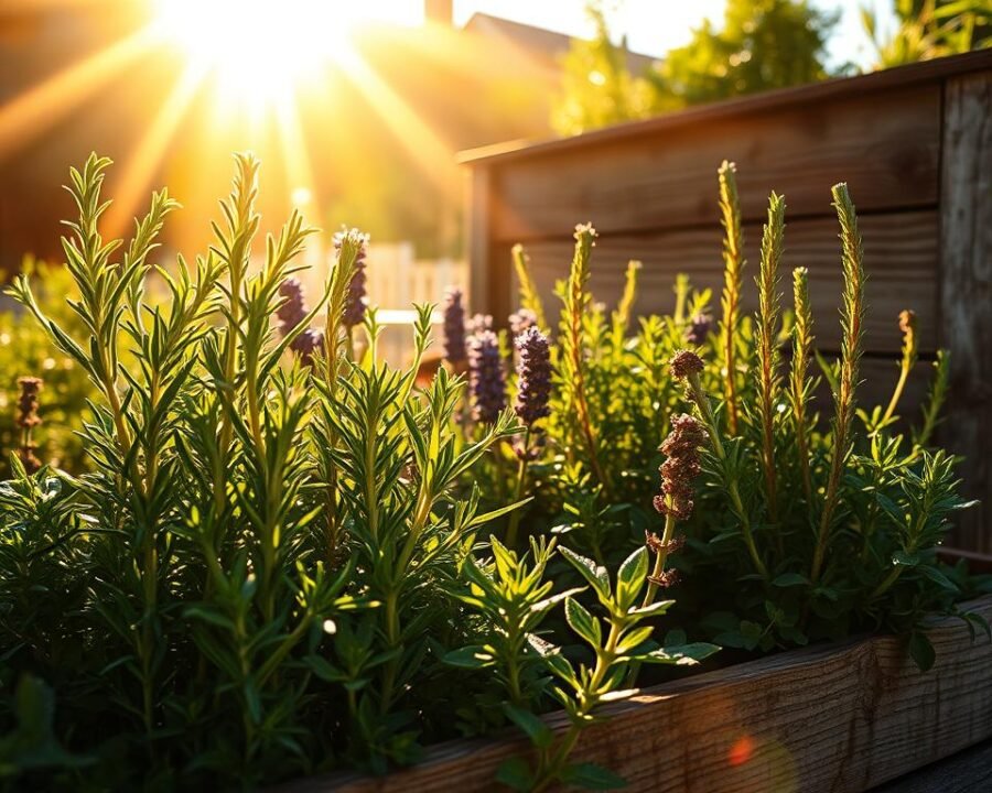 A lush herb garden bathed in warm, golden sunlight. In the foreground, thriving rosemary, thyme, and oregano plants stretch towards the radiant sky. Their vibrant green leaves shimmer with dew. In the middle ground, a hint of lavender and basil add pops of purple and green. The background features a rustic wooden planter box, its weathered surface complementing the natural tones. Soft shadows dance across the scene, creating a sense of depth and dimension. The overall atmosphere is one of serene tranquility, inviting the viewer to imagine the aromatic scents and soothing ambiance of this sun-drenched herb haven.