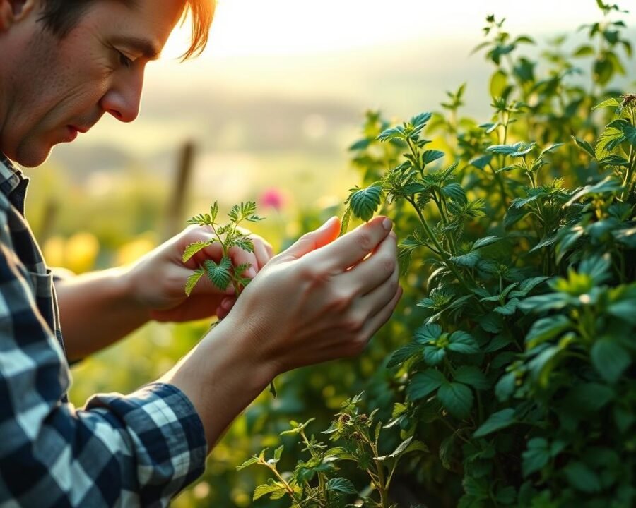A lush herb garden, its vibrant foliage bathed in soft, natural light. In the foreground, a gardener's hands delicately inspect a troubled plant, brow furrowed in concentration. The middle ground reveals a selection of common herb varieties, each with its own unique texture and color. In the background, a blurred, serene landscape sets the scene, hinting at the calming nature of this therapeutic task. The image conveys a sense of care, problem-solving, and a deep appreciation for the nuances of herb cultivation.