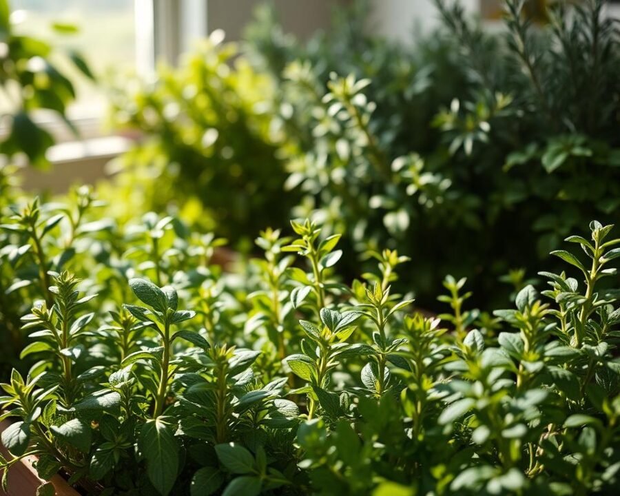 A lush, indoor herb garden in partial shade, with a variety of herbs thriving in the soft, diffused light. In the foreground, fresh sprigs of oregano, basil, and thyme intermingle, their verdant leaves gently swaying. The middle ground features bushy rosemary and sage plants, their delicate, silvery-green foliage complementing the deeper shades. In the background, a hint of parsley and chives peeking out from the shadows, creating a sense of depth and layering. The lighting is soft and indirect, casting a warm, natural glow and creating subtle shadows that accentuate the textural details of the plants. The overall atmosphere is one of calm, tranquility, and the soothing presence of nature, inviting the viewer to immerse themselves in the serene indoor oasis.
