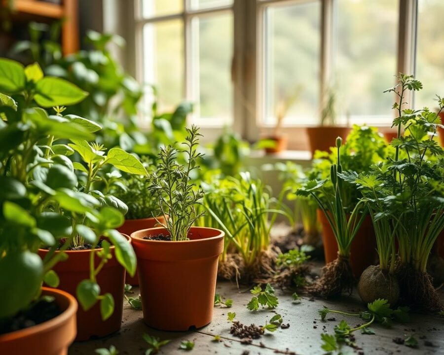 A lush indoor herb garden, with various herbs growing from seeds and cuttings. In the foreground, vibrant green leaves of basil, rosemary, and thyme sprout from small terracotta pots. In the middle ground, a mix of seedlings and rooted cuttings of oregano, chives, and parsley emerge from a well-lit windowsill. The background features a warm, natural light filtering through a large window, casting a soft glow over the thriving herb garden. The scene conveys a sense of tranquility and the rewarding process of cultivating herbs from the ground up, whether from seeds or cuttings.