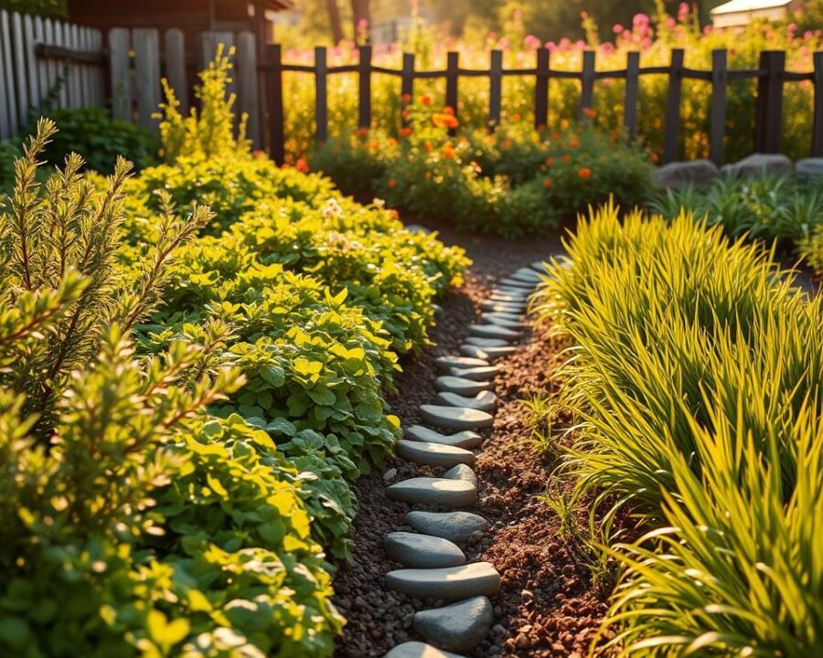 A lush, meticulously organized herb garden with carefully spaced plants, bathed in warm, golden afternoon light. The foreground showcases a variety of vibrant, healthy herbs - fragrant rosemary, lush basil, and delicate chives - arranged in neat rows with ample space between each plant. The middle ground features a winding garden path, lined with river rocks, leading the viewer's eye deeper into the scene. In the background, a rustic wooden fence and a riot of colorful blooms frame the tranquil, productive space. The overall impression is one of order, abundance, and the harmonious coexistence of diverse herbs in a well-planned, productive garden.