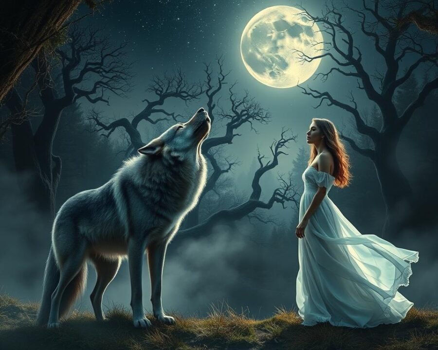 A lush, moonlit forest setting with a majestic grey wolf standing in the foreground, its piercing eyes locked with those of a beautiful woman in a flowing, ethereal white dress. The wolf's powerful stance and the woman's serene, almost enchanted expression convey a sense of a deep, primal connection between them. In the middle ground, wispy mist swirls around ancient, gnarled trees, casting a mystical, otherworldly atmosphere. The background is dominated by a vast, star-filled night sky, hinting at the cosmic, timeless nature of their bond. Soft, warm lighting illuminates the scene, creating a dreamlike, romantic ambiance.