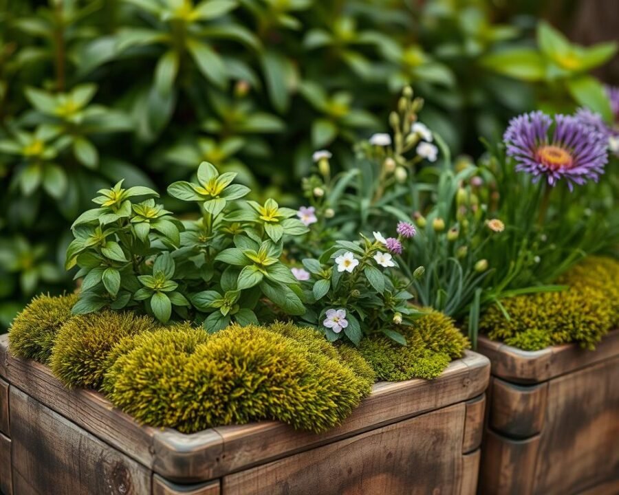 A lush, moss-covered planter overflows with vibrant, moisture-loving herbs - basil, lemon balm, and chives. The planters are made of weathered, natural wood, arranged in a cozy, rustic display. Soft, diffused lighting casts a warm glow, highlighting the verdant foliage and delicate flowers. The composition is framed by a backdrop of lush, green foliage, evoking a serene, garden oasis. The image conveys a sense of tranquility and the soothing, earthy qualities of these nourishing herbs.