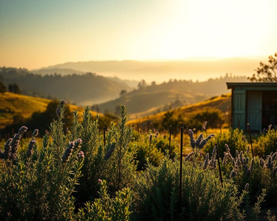 A lush, rolling hill-country landscape, bathed in soft, golden afternoon light. In the foreground, a well-tended herb garden thrives, its aromatic plants swaying gently in a light breeze. Rosemary, thyme, and lavender plants form neat rows, their leaves glistening with morning dew. The middle ground reveals a quaint, weathered wooden shed, its doors open to reveal an array of gardening tools and supplies. In the distance, the hazy blue silhouettes of oak-covered hills stretch out, creating a sense of tranquility and seclusion. The overall mood is one of wellness, serenity, and a deep connection to the natural world. A lush, rolling hill-country landscape, bathed in soft, golden afternoon light. In the foreground, a well-tended herb garden thrives, its aromatic plants swaying gently in a light breeze. Rosemary, thyme, and lavender plants form neat rows, their leaves glistening with morning dew. The middle ground reveals a quaint, weathered wooden shed, its doors open to reveal an array of gardening tools and supplies. In the distance, the hazy blue silhouettes of oak-covered hills stretch out, creating a sense of tranquility and seclusion. The overall mood is one of wellness, serenity, and a deep connection to the natural world.