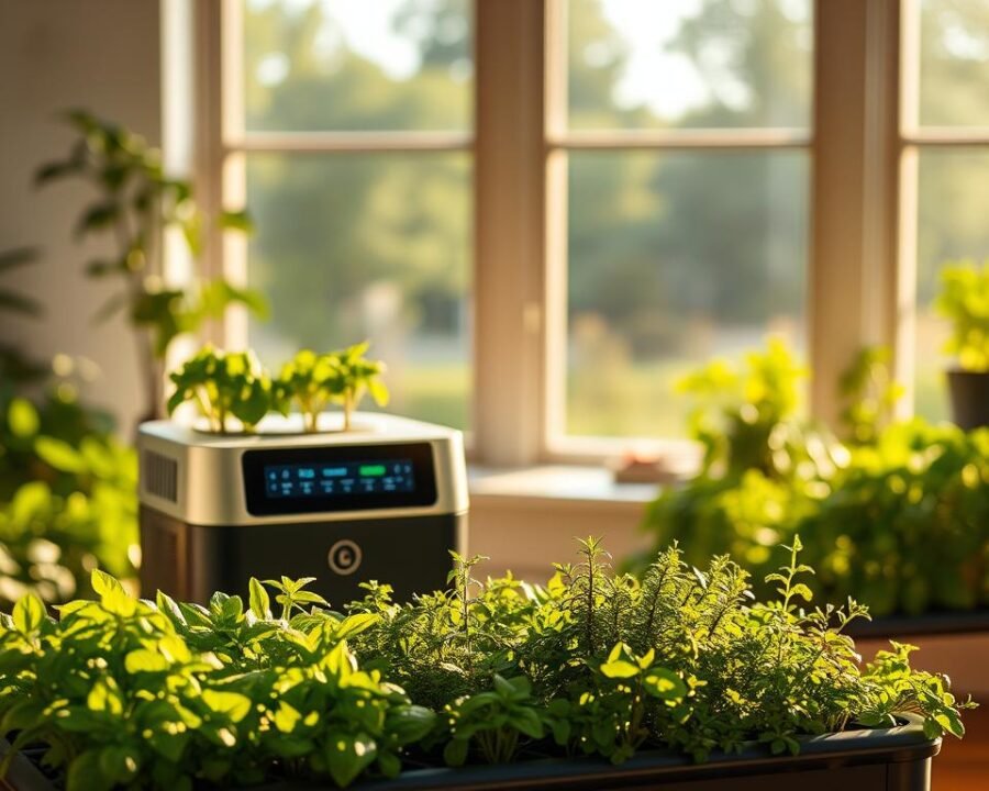 A lush, smart garden with an Alexa-enabled AeroGarden Bounty Elite in the foreground. The garden is bathed in warm, natural lighting, creating a cozy, inviting atmosphere. The AeroGarden's sleek, modern design and intuitive touchscreen interface are prominently displayed, showcasing its advanced features. In the middle ground, an array of thriving herb plants, including basil, rosemary, and thyme, are neatly arranged in the garden's self-watering system. The background features a minimalist, contemporary interior design, with large windows overlooking the vibrant, technology-enhanced garden. The overall scene conveys a sense of harmony between nature and modern smart home technology.