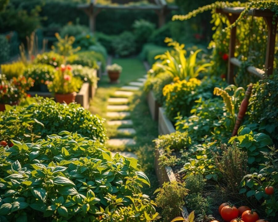A lush, sprawling mixed herb and vegetable garden bathed in warm, golden sunlight. In the foreground, a vibrant tapestry of leafy greens, fragrant herbs, and colorful vegetables, including basil, thyme, rosemary, tomatoes, carrots, and peppers, all thriving in well-tended raised beds. The middle ground reveals a meandering path winding through the verdant landscape, flanked by neatly trimmed hedges and the occasional decorative planter. In the background, a charming wooden fence or trellis frames the scene, hinting at a cozy, secluded outdoor oasis. The overall atmosphere is one of abundance, tranquility, and the joyful celebration of nature's bounty.