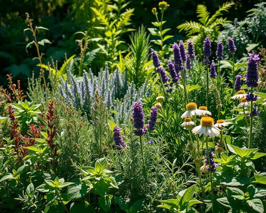 A lush, sun-dappled garden filled with an abundance of culinary and medicinal herbs. In the foreground, a vibrant collection of basil, thyme, rosemary, and oregano thrive, their delicate leaves casting gentle shadows. The middle ground showcases the broad, textured foliage of sage, lavender, and chamomile, their calming hues complementing the overall scene. In the background, a tapestry of ferns and woodland plants creates a verdant, shaded backdrop, enhancing the tranquil atmosphere. The lighting is soft and natural, with warm highlights accentuating the herbs' intricate details. The composition is balanced, inviting the viewer to explore the diverse, functional array of plants suitable for both the kitchen and the apothecary.