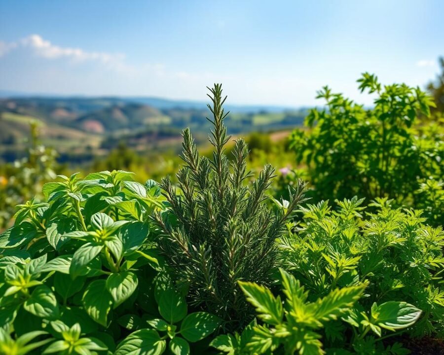 A lush, sun-dappled garden scene featuring a trio of vibrant herbs in a harmonious companion planting. In the foreground, a flourishing arrangement of bushy basil, fragrant rosemary, and verdant parsley plants, their leaves gently swaying in a gentle breeze. The middle ground showcases their symbiotic relationship, with the herbs complementing each other's growth and pest-resistance. In the background, a picturesque landscape unfolds, with rolling hills, a cloudless azure sky, and a soft, warm lighting that casts a natural, inviting glow over the scene. Captured with a wide-angle lens to emphasize the expansive, bountiful nature of this thriving herb garden.
