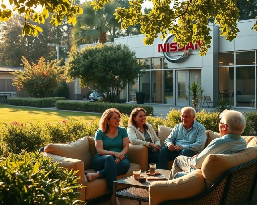 A lush, sun-dappled garden setting with a cozy outdoor seating area. In the foreground, a group of customers sit comfortably on plush, earthy-toned furniture, engaged in animated conversation. Their expressions convey warmth, satisfaction, and a sense of trust. The middle ground features a backdrop of thriving greenery - vibrant shrubs, flowering plants, and a neatly trimmed lawn. Warm, golden light filters through the foliage, creating a serene, inviting atmosphere. In the background, a sleek, modern Nissan dealership building stands, its architectural design seamlessly blending with the natural surroundings. The overall scene evokes a welcoming, customer-centric experience.