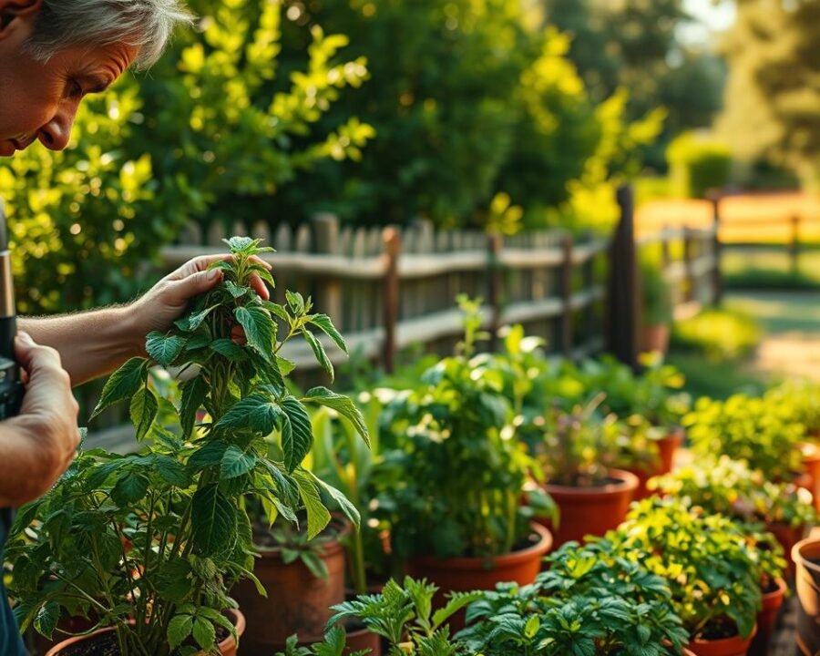 A lush, sun-dappled herb garden set against a backdrop of verdant foliage. In the foreground, a gardener examines a troubled herb plant, inspecting its leaves and stems with a look of focused concern. The middle ground features an array of potted herbs, each with its own unique challenges - wilting leaves, discoloration, or signs of pests. The background showcases a serene outdoor setting, with a rustic wooden fence and a hint of a tranquil garden path winding into the distance. The scene is bathed in warm, golden-hour lighting, creating a sense of contemplation and problem-solving. Crisp, high-resolution, detailed, realistic, cinematic, masterful composition.