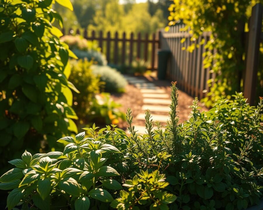 A lush, sun-dappled herb garden, with vibrant greens and warm, golden rays filtering through the leaves. In the foreground, a mix of fragrant herbs - basil, thyme, oregano - thriving in a well-tended planter. The middle ground reveals a winding garden path, leading the eye deeper into the serene setting. In the background, a picturesque wooden fence frames the scene, casting soft shadows that add depth and dimension. The lighting is natural and diffused, creating a tranquil, inviting atmosphere that perfectly captures the essence of planning and cultivating a flourishing herb garden.