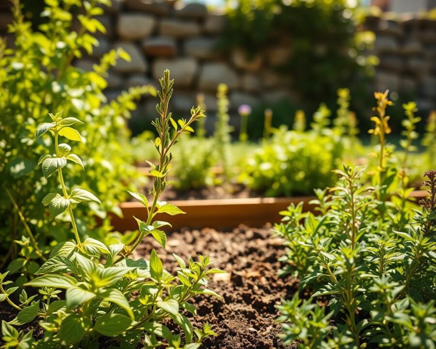 A lush, sun-drenched herb garden in full bloom. In the foreground, a vibrant array of fragrant herbs - basil, rosemary, thyme, and oregano - thriving under the warm, golden rays. The middle ground features a well-tended, raised garden bed, its soil rich and dark, complementing the verdant foliage. In the background, a picturesque stone wall or wooden fence frames the scene, casting gentle shadows that add depth and dimension. The lighting is soft and diffused, creating a serene, inviting atmosphere that captures the essence of an idyllic, well-maintained herb garden.