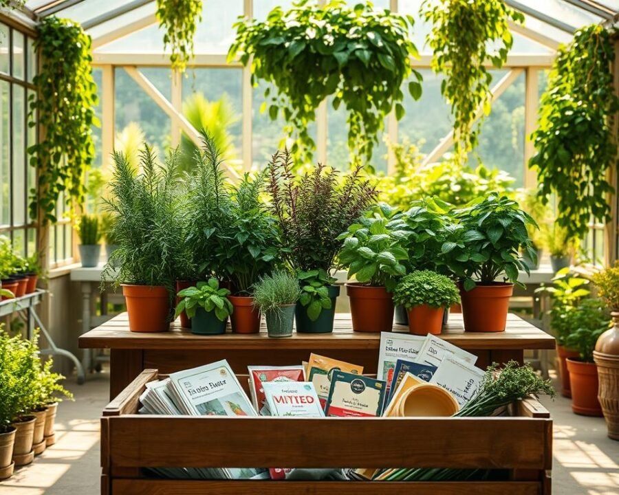 A lush, sunlit indoor greenhouse brimming with vibrant potted herbs. On the central table, an assortment of healthy, fragrant plants - rosemary, thyme, basil, and mint - carefully arranged against a backdrop of hanging vines and lush greenery. Soft, natural lighting filters through the glass walls, casting a warm, inviting glow. In the foreground, a wooden crate overflows with an array of seed packets and gardening tools, hinting at the process of sourcing and cultivating these versatile herbs. The overall scene conveys a sense of tranquility, inspiration, and the joy of growing one's own herbs at home.
