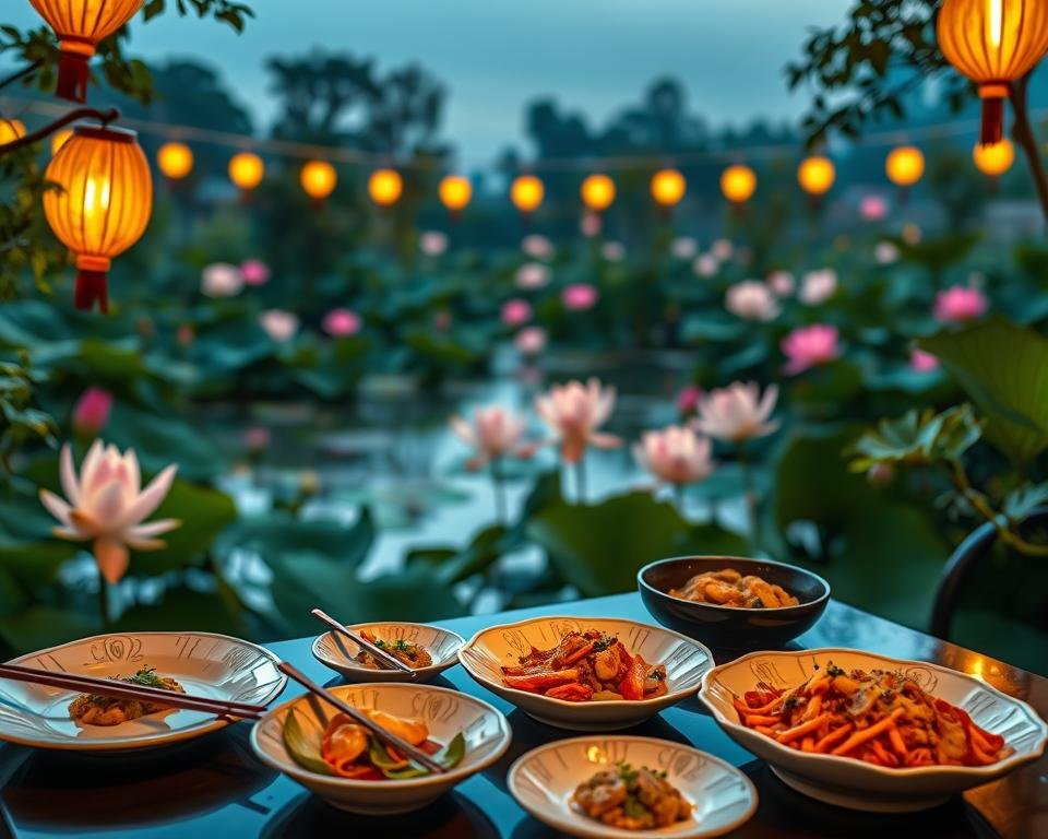 A lush, tranquil lotus garden at dusk. In the foreground, a table adorned with delicate porcelain plates, chopsticks, and steaming dishes of vibrant, fragrant cuisine. The middle ground features a serene pond, its surface gently rippled, surrounded by graceful lotus flowers in full bloom. In the background, paper lanterns cast a warm, golden glow, illuminating the scene with a soft, atmospheric light. The overall mood is one of refined elegance, inviting the viewer to savor the culinary delights and immerse themselves in the peaceful ambiance of this hidden gem.